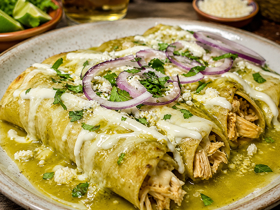 REPLACE → enchiladas suizas, green sauce, melted cheese